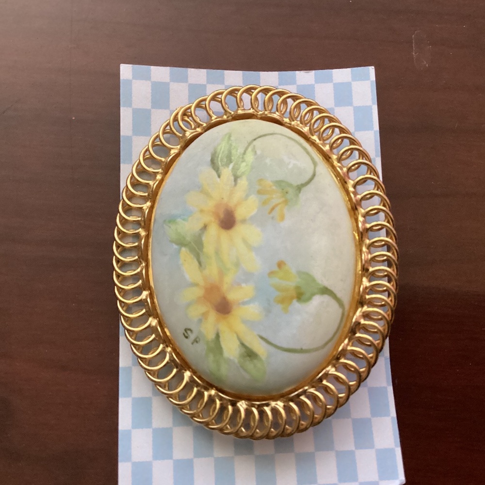 Vintage hand painted yellow flower on porcelain brooch gold tone blue and yellow
